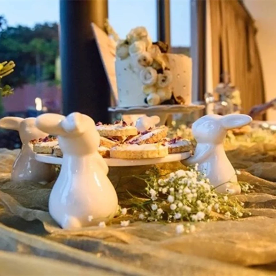 Керамический поднос с тремя кроликами для торта и фруктов, декоративный поднос с керамическим Банни, портретная тарелка для десерта, демонстрационный поднос для пищевых продуктов