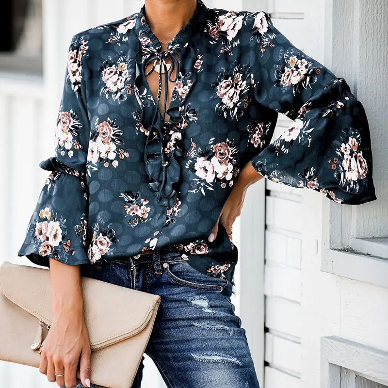 Women Blouse Floral Print Tops Flare Sleeve Shirts Ladies Office Fashion Chemise Womens Tops hollow out Blouses