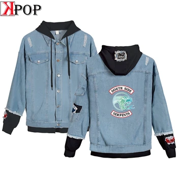 

Riverdale Hooded Denim Jacket For Women Casual Jeans Jacket Holes Vintage Coat Female loose Streetwear Basic Coats