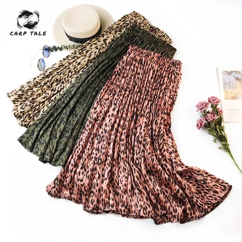 

European and American style retro leopard pleated skirt female Slim floral skirt ladies temperament big swing skirt autumn skirt
