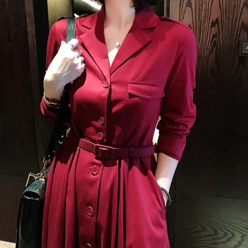 

Runway Elegant Temperament Single Breasted Sexy V-Neck Pocket Long Sleeve Belt Mid-Length Black Dress Women High Quality Spring