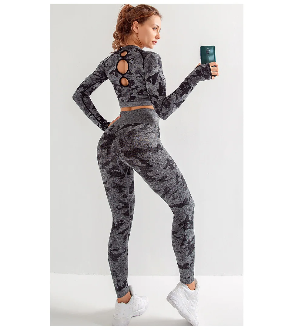 Yoga Set Women's Seamless Camouflage Suit High Stretch Slim Fitness Yoga 2 Piece Leggings+ Short Shirt Training Running