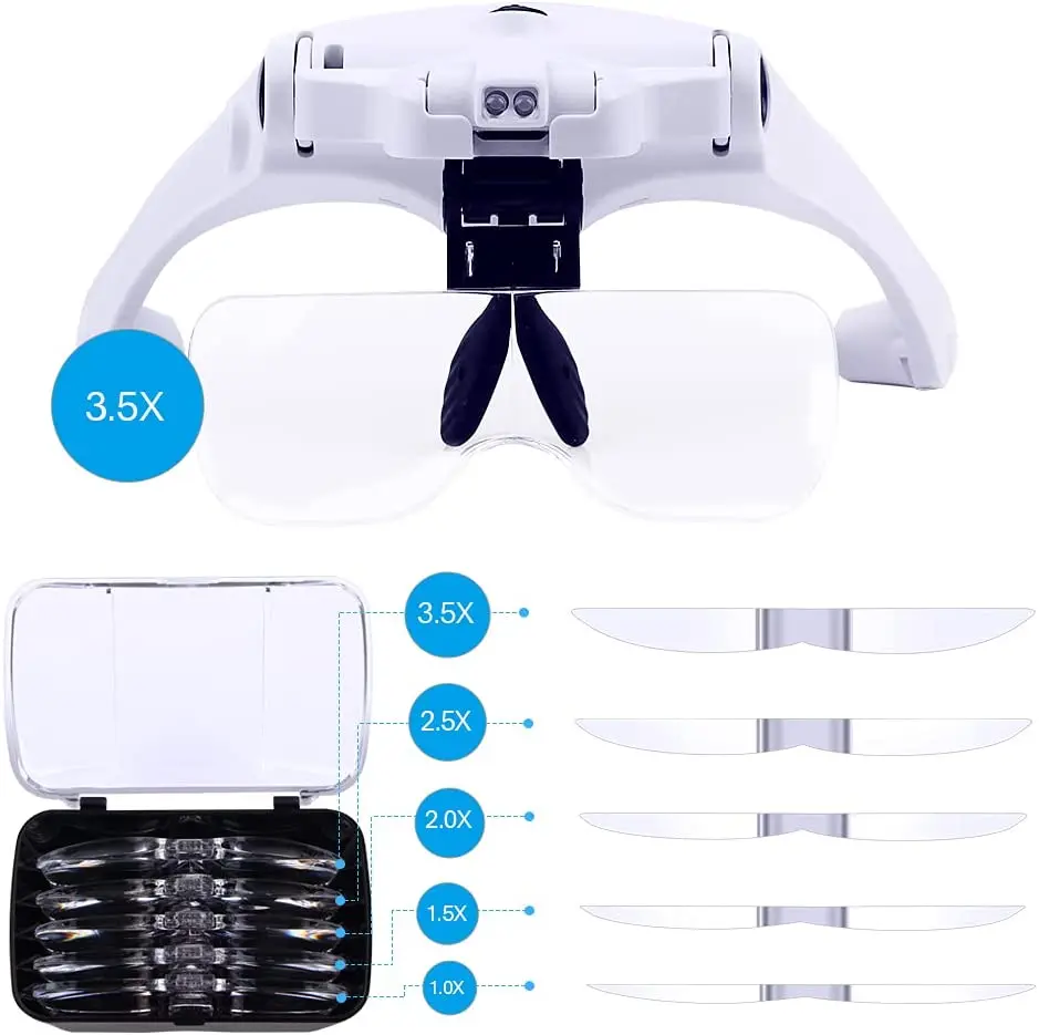 Description Picture 2 of itemHeadband Magnifying Glass, USB Charging Head Magnifier with LED Light Jewelry Craft Watch Hobby 5 Lenses 1.0X 1.5X 2.0X 2.5X 3.5