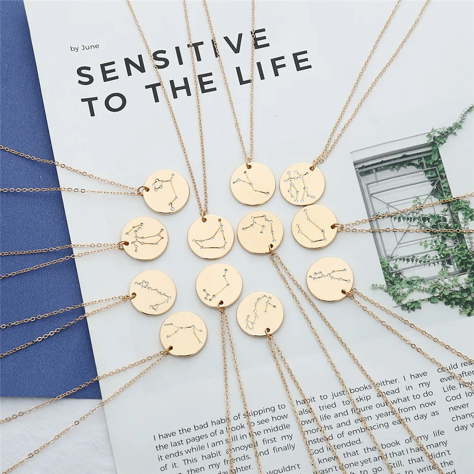 Ingemark 12 Zodiac Constellations Pendant Choker Necklace Birthday Gift Personalized Crystal Leo Libra Women Long Chain Necklace