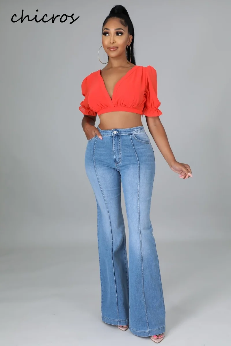 Chicros Casual Denim Flare Pants Women High Waist Solid Slim Female Jeans Trouser Street Autumn Winter Long Pants for Women's