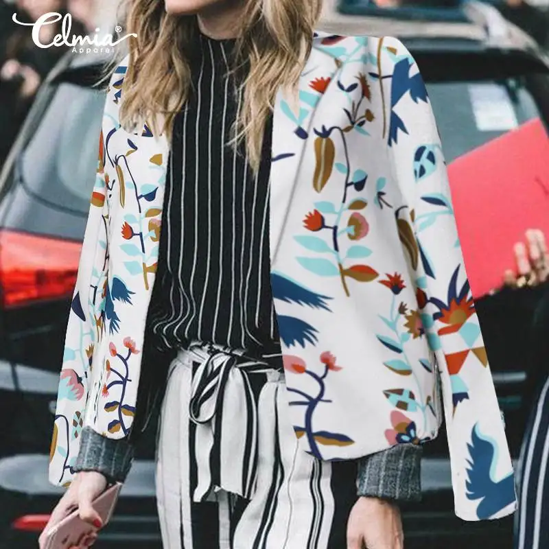 

S-5XL Celmia Women Vintage Floral Print Blazer Notched Collar Long Sleeve Coats Casual Outerwear Casaco Feminine Tops Oversized