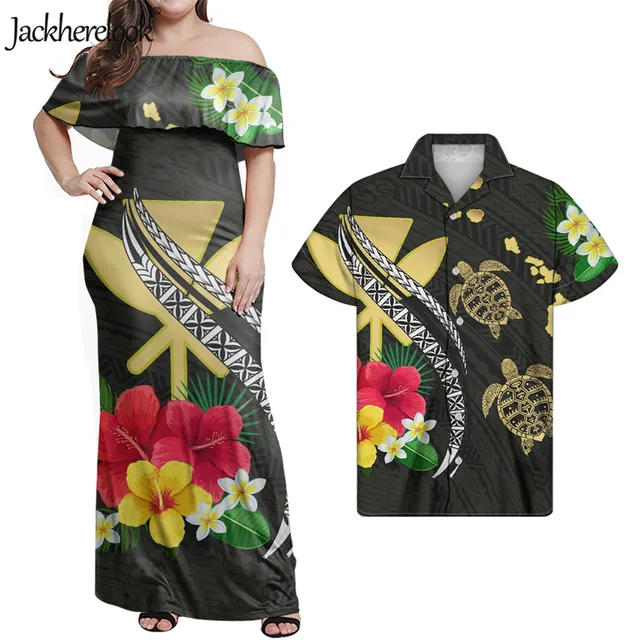 Jackherelook Womens Vintage Maxi Dresses Samoan Hibiscus Polynesian Tribal Brand Design Summer Unisex Clothes Off Shoulder Dress Silver