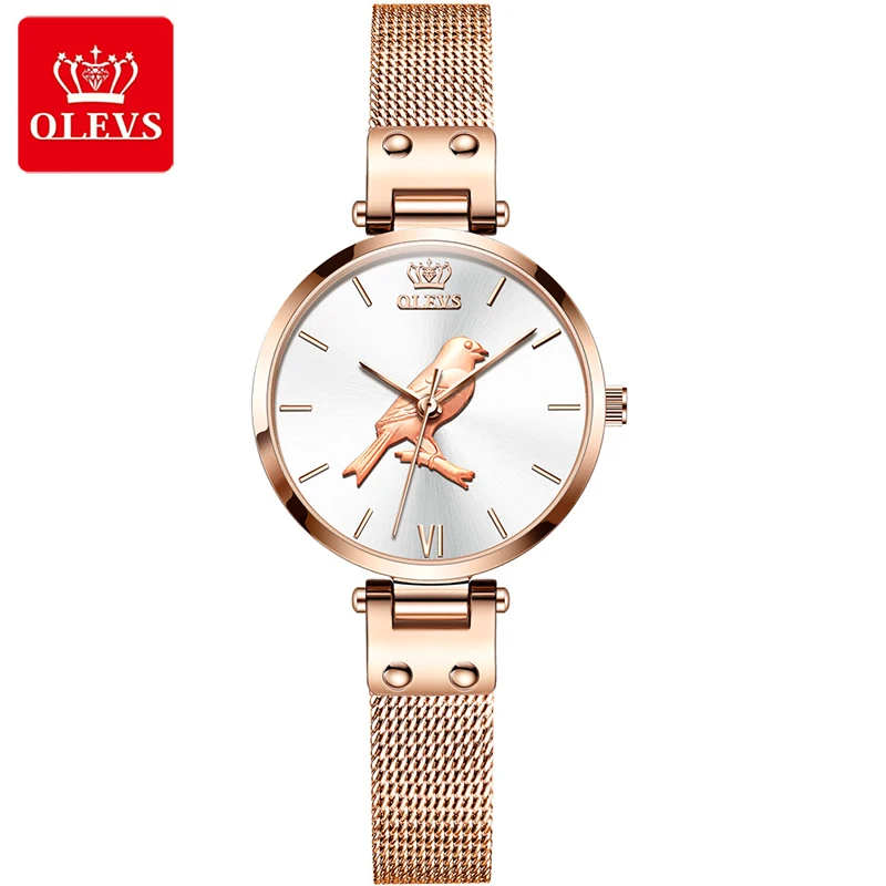 New OLEVS Waterproof Casual Fashion Ladies Watch Embossed Bird Interior Mesh Steel Belt Quartz Watch Gift Box Packaging Watches