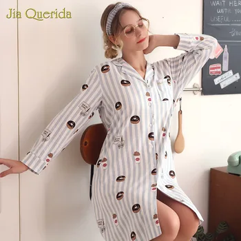 

Sleeping Skirt Girl Spring and Autumn New Cartoon Sweet Casual Shirt Night Dressing Gown Loose Size Girl Home Suit 100% Cotton