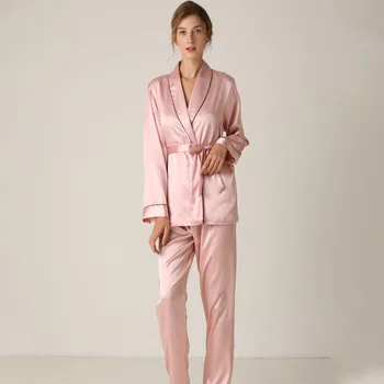 

2020 Silk Long Sleeve Trousers Lapel High Archives Pajamas With Belt Solid Color Nightwear