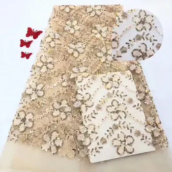 

French Net Lace Fabric 2020 High quality gold African Tulle Lace Fabrics With Sequins Nice Embroidery Sequins Fabric FFD91