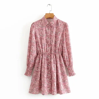 

2020 Spring Women's New Lapel Long Sleeve Stretch Waist Jewelry Button Short Dress Temperament Retro Shirt Print Dress