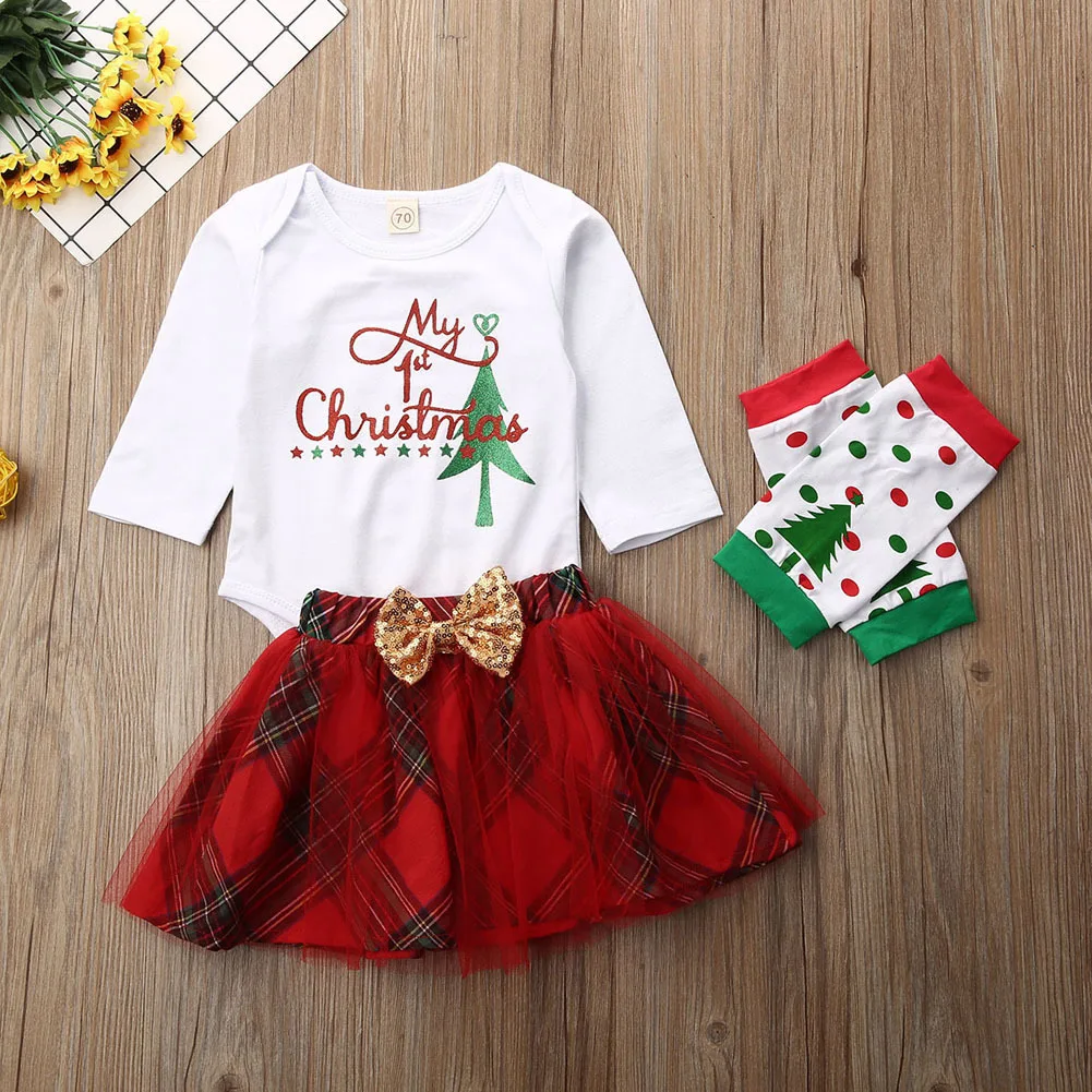 Рождественский комплект одежды для маленьких девочек, одежда с цветочным принтом и надписью для новорожденных девочек, Рождественский комбинезон, топ+ юбка+ комплект чулок для детей 0-18 месяцев