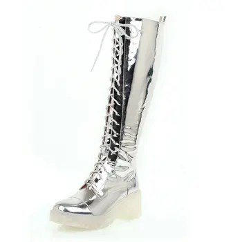 

2020 New Transparent sole Women Boots Fashion Pu Platform High Heel Knee High Boots Lace Up Zip Shoes Autumn Winter Ladies Shoes