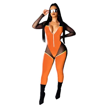 

Spring Summer Women Jumpsuit Bodycon Playsuit Bodysuit Overalls Rompers Plus Size V Neck Mesh Long Sleeve Sexy Jumpsuits