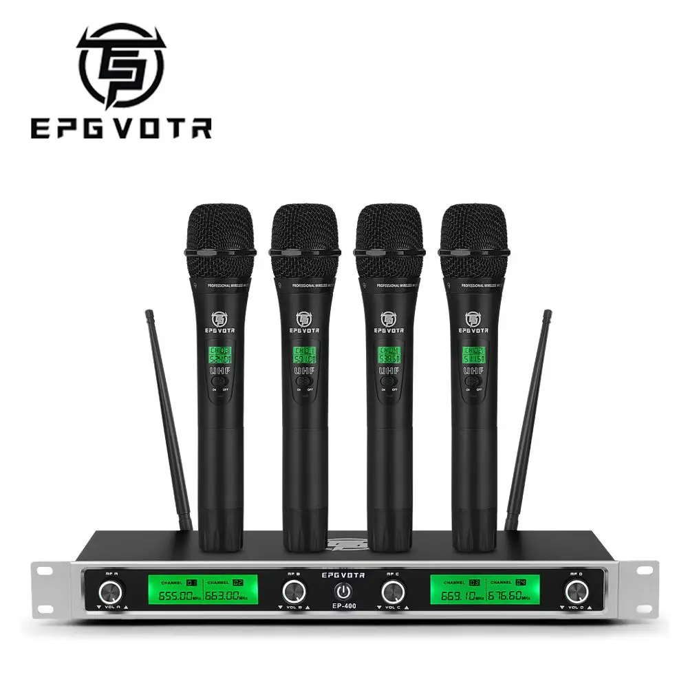 EPGVOTR 4 Channels UHF Wireless Microphone System EP-400 with 4 Metal Material Handheld Transmitters for Stage Church Family DJ