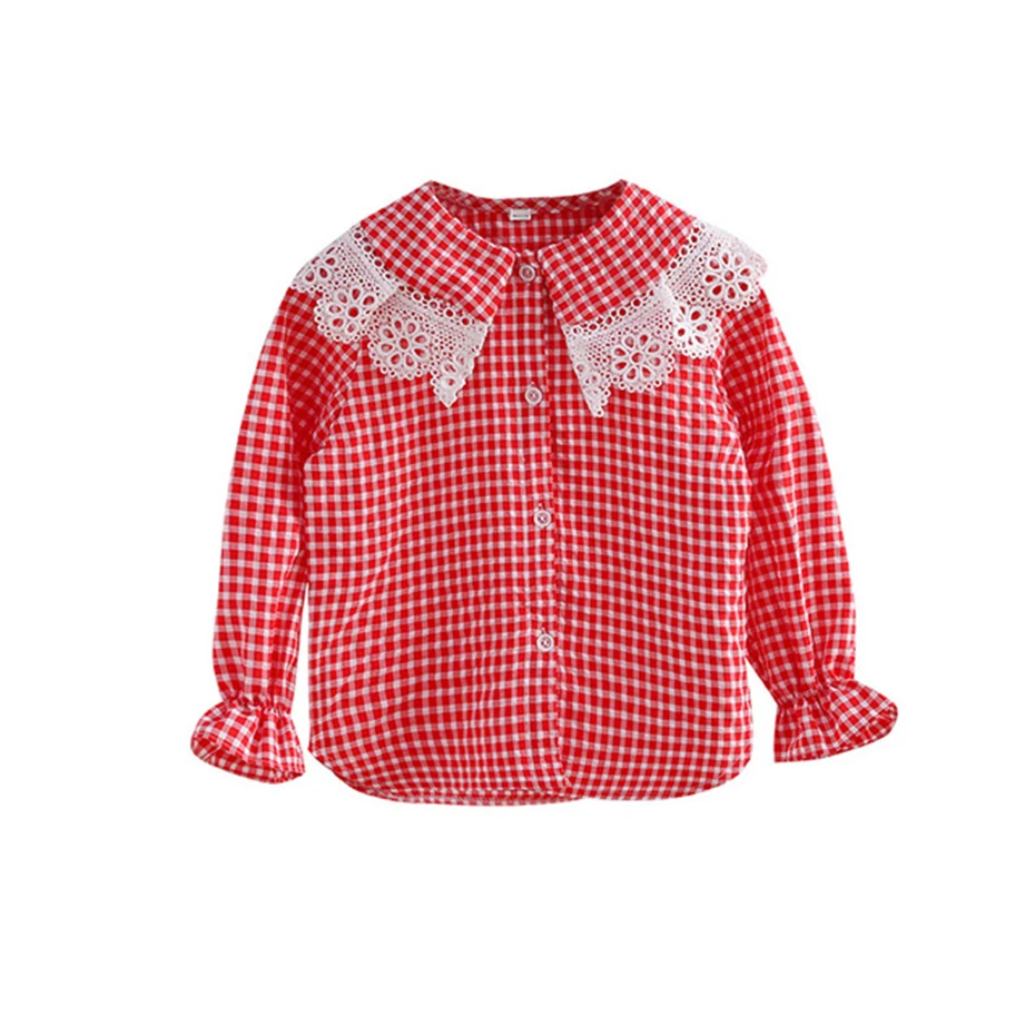 Блузка для девочек, клетчатая детская блузка для девочек, кружевная рубашка с отложным воротником для девочек, осенняя одежда в стиле Лолиты для девочек на Рождество