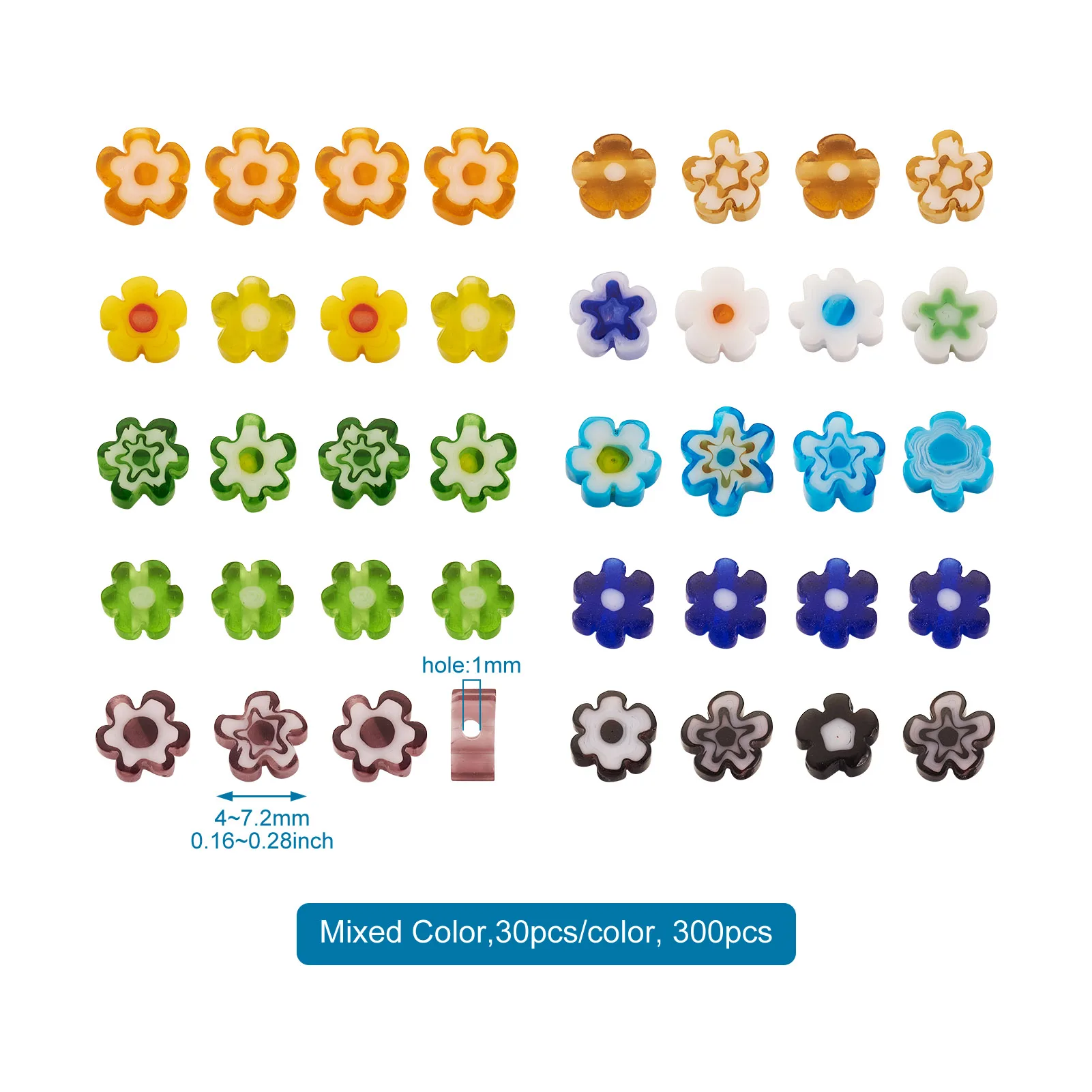 300Pcs 10 colors Handmade Millefiori Glass Flower Spacer Beads for DIY Bracelet Necklace Earrings Crafts Jewelry Making Supplies