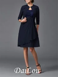Two Piece A-Line Mother of the Bride Dress Wrap Included V Neck Knee Length Chiffon with Lace Crystals Ruching 2021