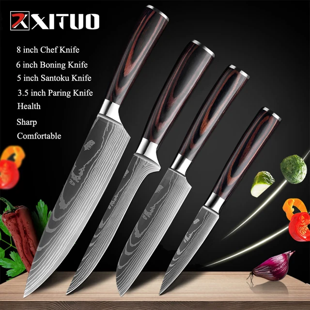 XITUO Chef knife 1-10 Pcs Set Kitchen Knives Laser Damascus Pattern Sharp Japanese Santoku Knife Cleaver Slicing Utility Knife 4 PCS Value set 01