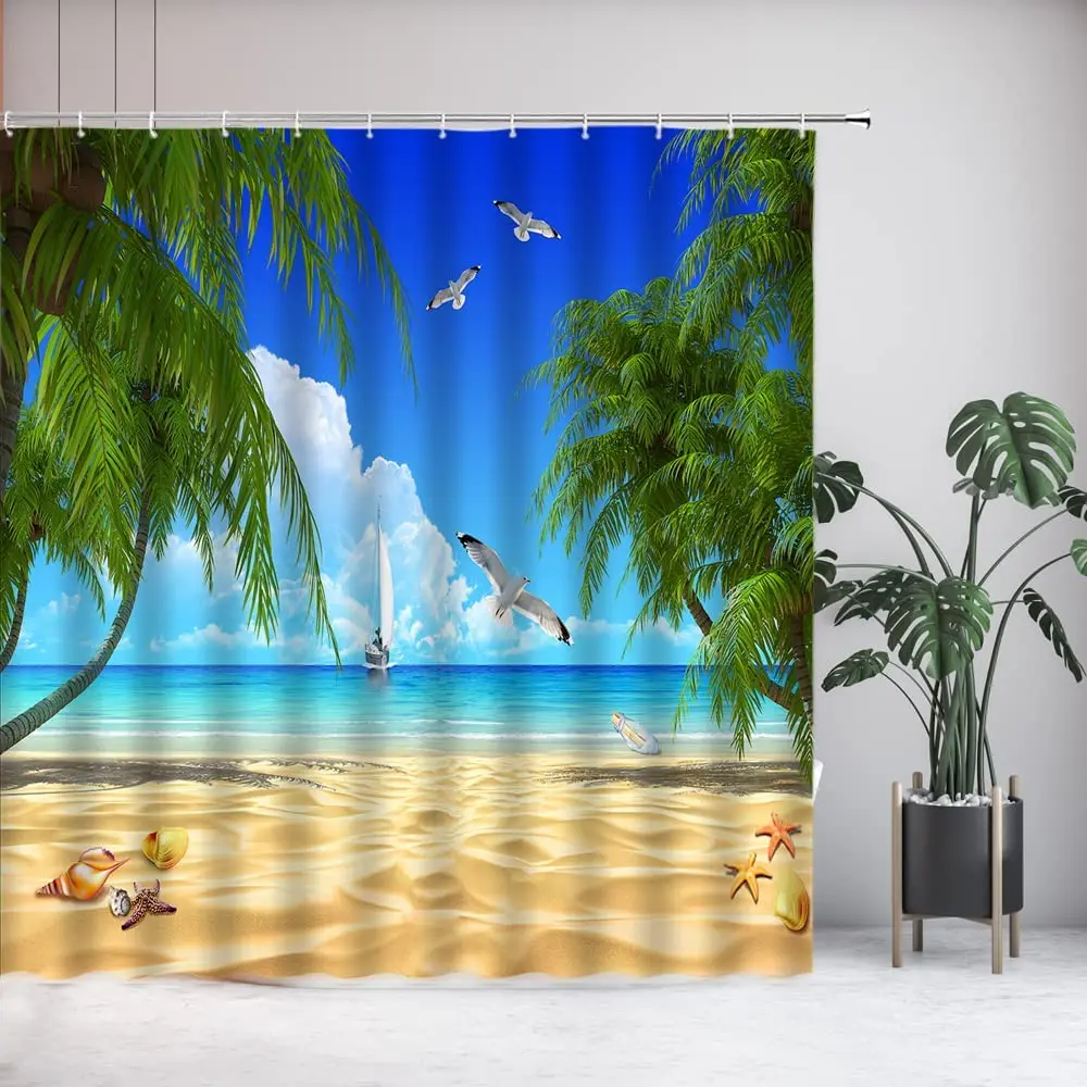

Тропическая искусственная пальма, Чайка, морская звезда, пейзаж океана, Художественная печать, декор для ванной комнаты, занавеска из полиэстера с крючком