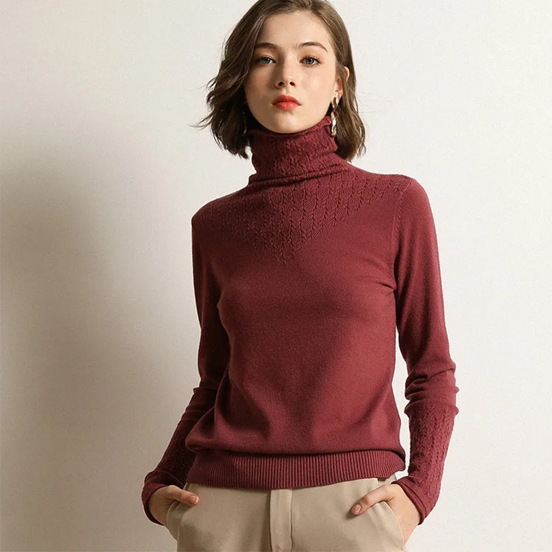 Russet Red Color Женский весенний вязаный свитер с высоким воротом, однотонный тонкий вязаный свитер, женские пуловеры, Осенний Повседневный Модный женский джемпер - Цвет: Russet Red Color