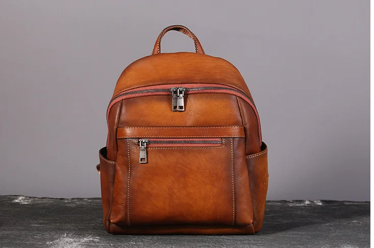 

Vintage Genuine Leather Multi-pocket Large Capacity Backpacks Student Preppy Style School Cowhide Bag Solid Color Zipper BagD679