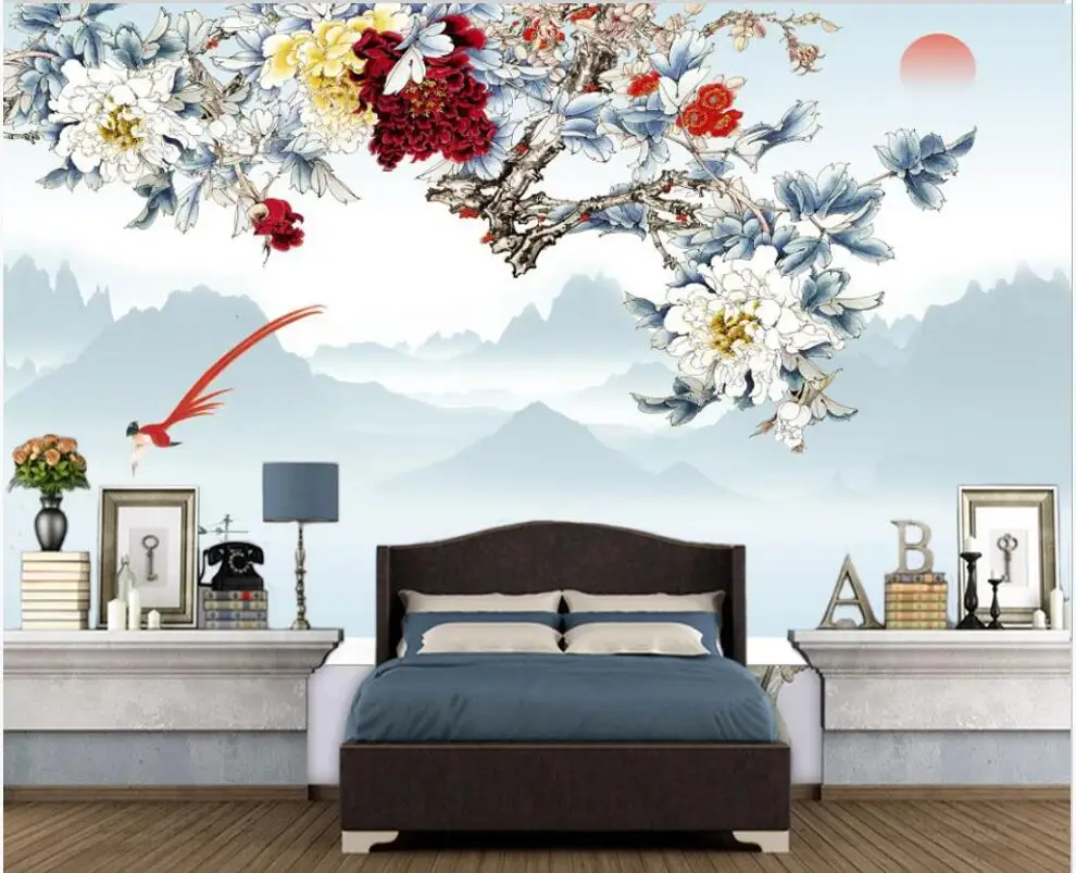 

Custom mural photo wallpaper 3d Chinese hand-painted peony flower and bird landscape living room Wallpapers for walls in rolls