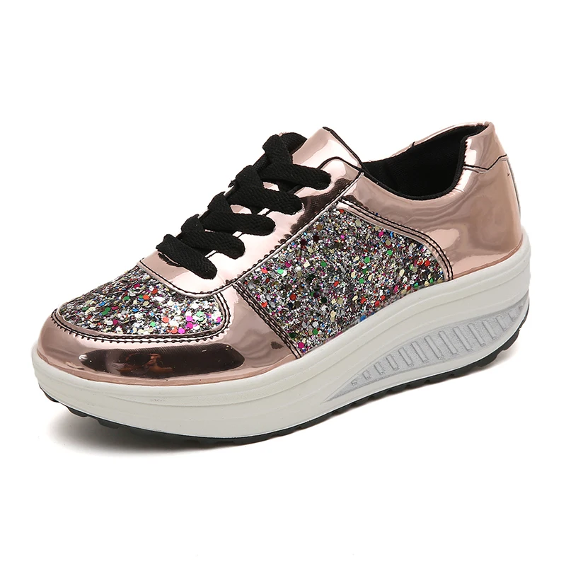 

CINESSD 2019 Platform Bling Wedge Sneakers Mirror PU Sneakers Women Ladies Glitter Flats Trainers Shoes Basket Chaussure Femme
