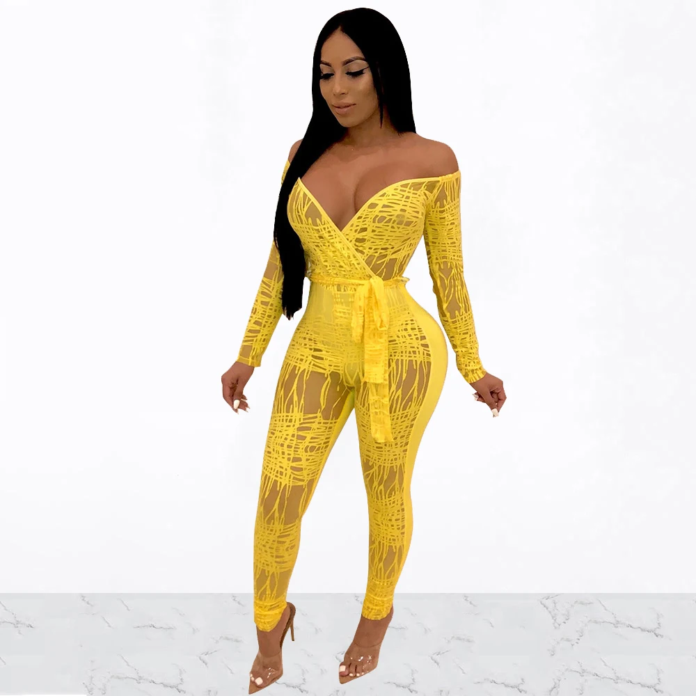 

Women Off Shoulder Lace Fake Sheer Mesh Jumpsuit Deep V-Neck Long Sleeve Lace Up Bandage Bodycon Club Party With Sashes Outfits