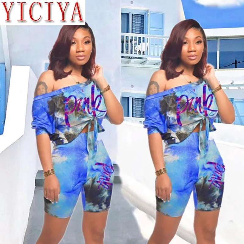 

2020 Summer Tie Dye Pink Letter Print Two Piece Set tracksuir for Women Shorts Suit Set T-shir Biker Shorts 2 Pieces Shorts Sets