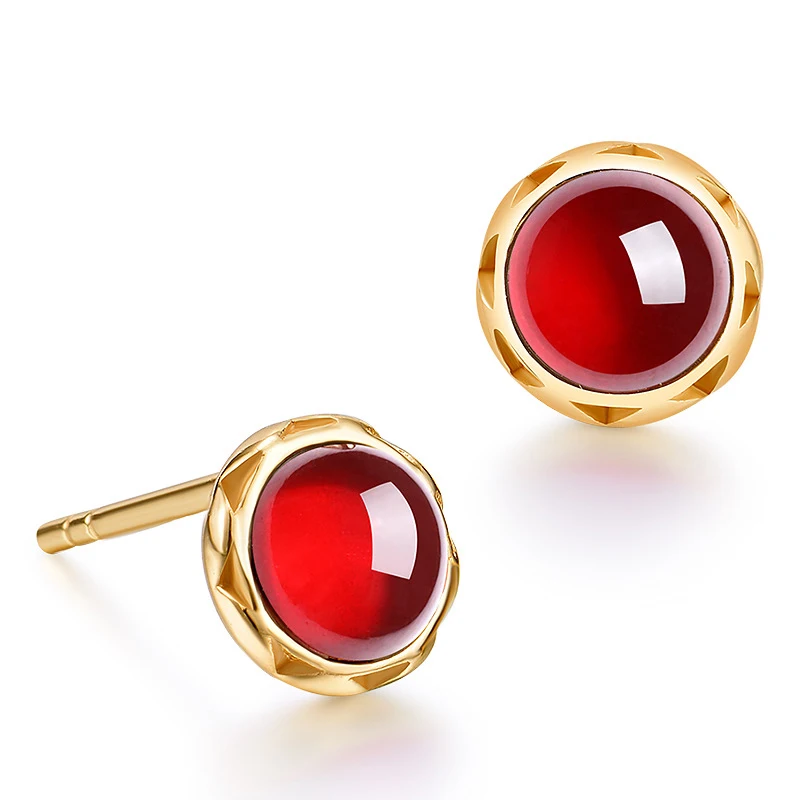 

Elegant 925 Sterling Silver Garnet Round Stud Pierced Earrings for Women Delicate 9K Plated Gemstone Sticks Fine Jewelry Gift