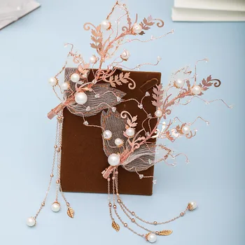 

FORSEVEN Gold Color Flower Leaf Crystal Pearls Long Tassel Hairpins Side Clips for Bride Noiva Wedding Decor Jewelry mujer 2020