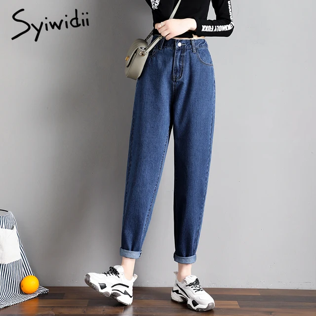 Syiwidii High Waist Jeans for Women Denim Pants Street Style Vintage Streetwear Elastic Waist Black Jeans Korean Fashion  Mom 3