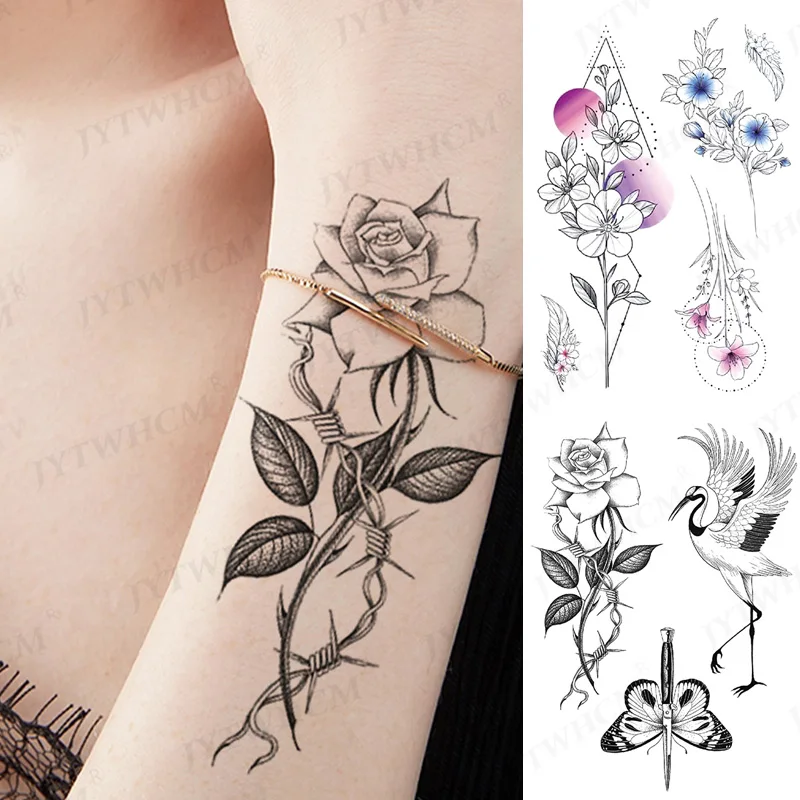 

Waterproof Temporary Tattoo Stickers Art Rose Flower Flash Line Minimalist Geometry Body Arm Fake Tattoo For Kids Child Female