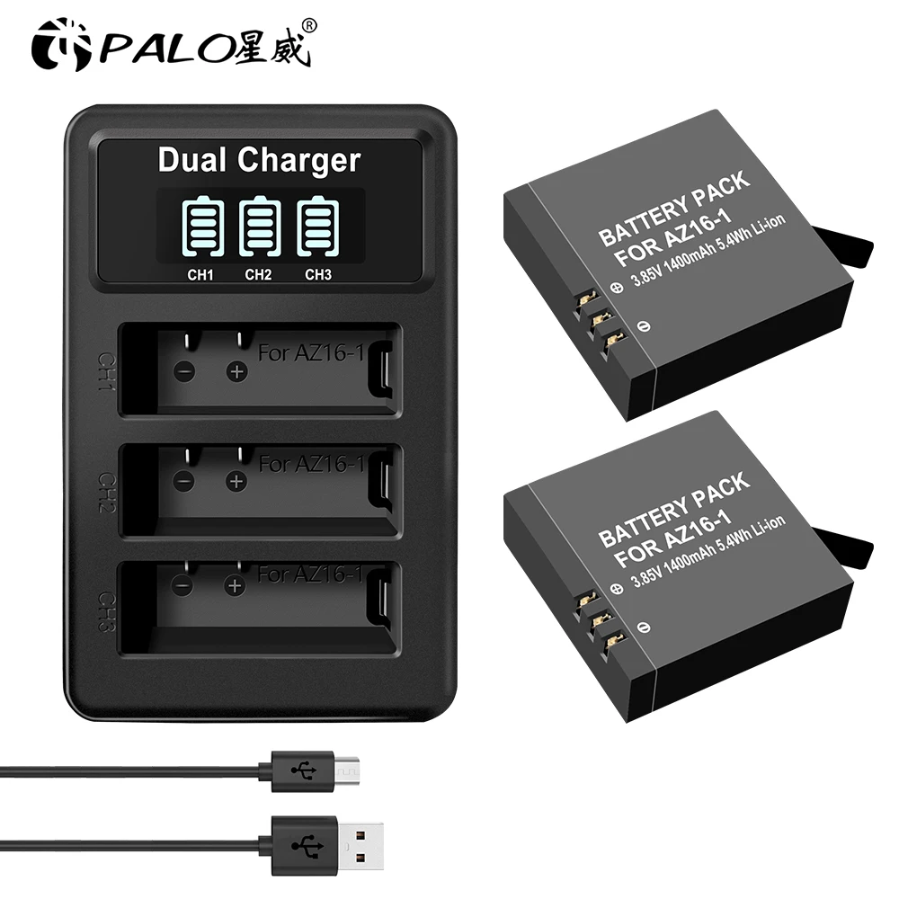 PALO 2 шт 1400mAh AZ16-1 батарея + LCD USB 3 слота зарядное устройство для Xiaomi Yi 4K Оригинальная
