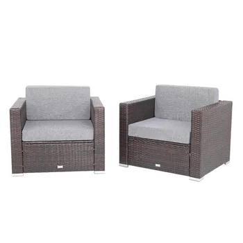 

2pcs Patio Rattan Sofa Set Brown PE Wicker Anti-UV Single Sofa with Water Resistant Cushion for Outdoor Garden Yard