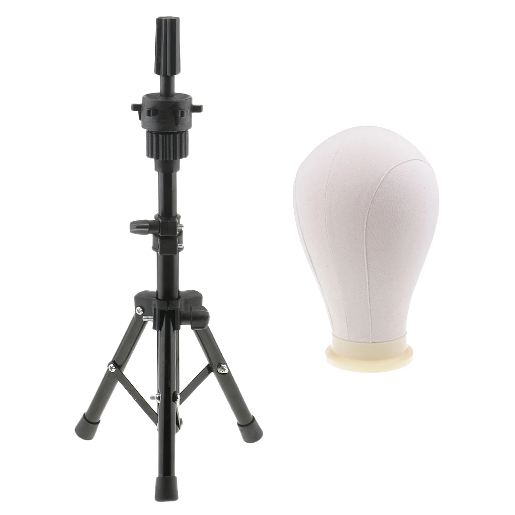 24’’ Beige Wig Making Styling Cork Canvas Block Mannequin Head Model with Metal Adjustable Wigs Head Stand Tripod Set