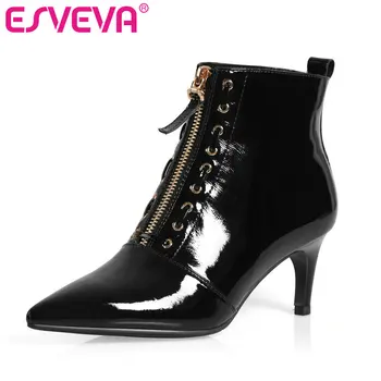 

ESVEVA 2020 Women Shoes Winter Ankle Boots Thin High Heel Elegant PU+ Leather Pointed Toe Motorcycle Platform Boots Size 34-39