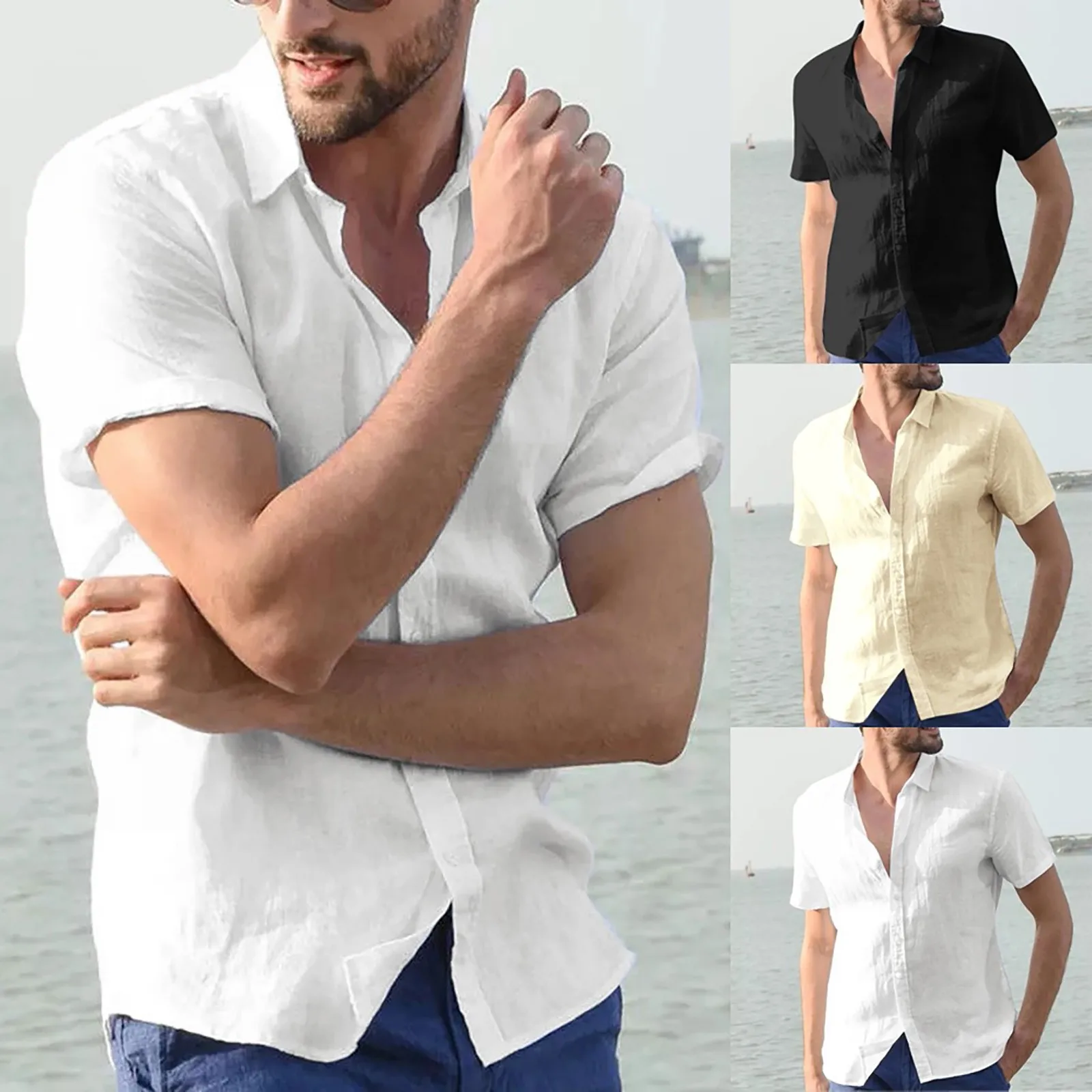 

Mens Linen Blouse Short Sleeve Baggy Buttons Summer Solid Comfortable Pure Cotton And Linen Casual Loose Holiday Shirts Tops