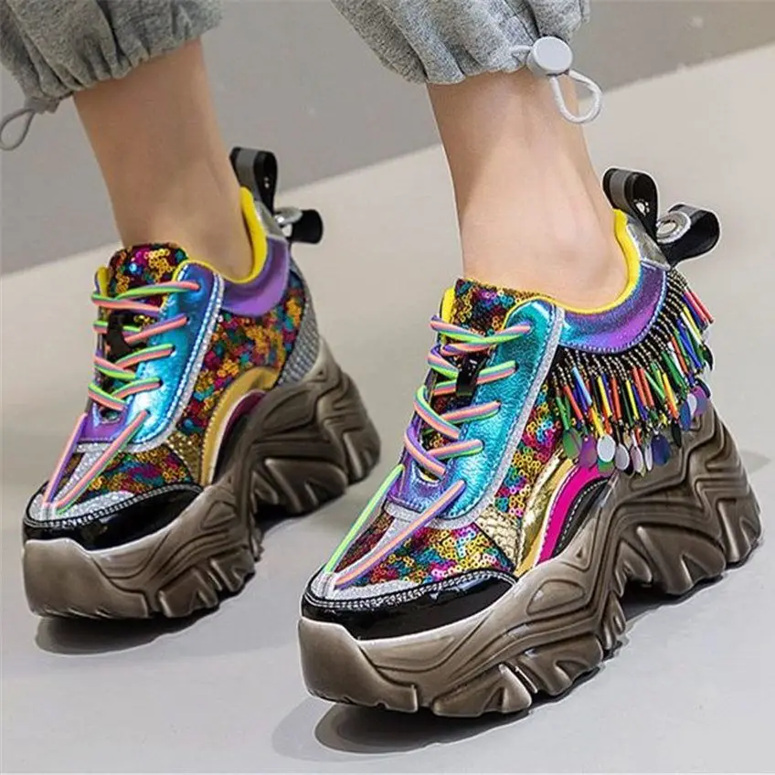 

Party Increasing Height Fashion Sneaker Women Glitter Leather Platform Wedge Ankle Boots Tassel High Heels Pumps Party Shoe