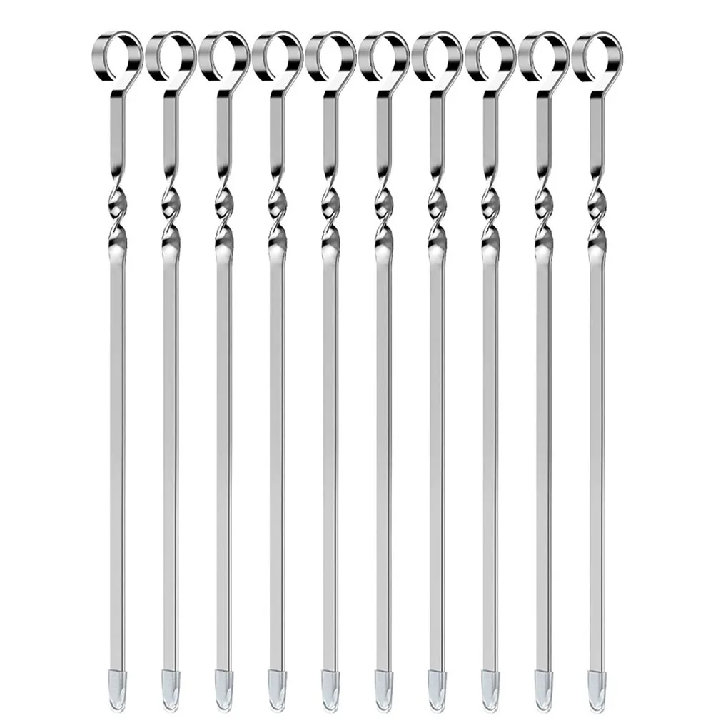 10pcs BBQ Skewers Reusable Stainless Steel Barbecue Sticks Flat Cooking Grill Skewers Home Camping Kitchen Tools