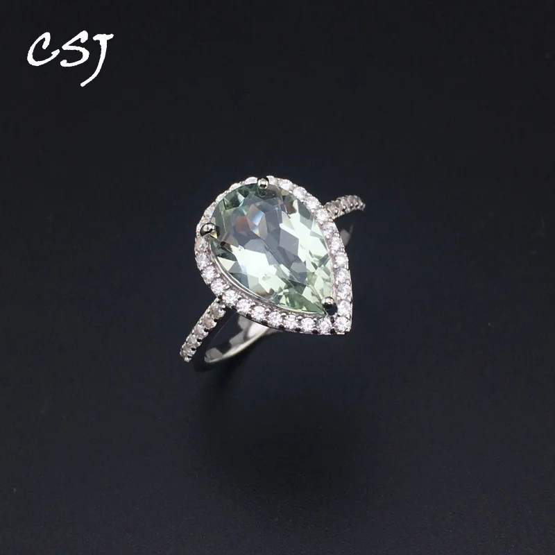 CSJ Green Amethyst Rings Sterling 925 Silver Natural Gemstone Pear 8*12mm Women Lady Wedding Engagment Party Gift Box CSJ Green Amethyst Rings Sterling 925 Silver Natural Gemstone Pear 8*12mm Women Lady Wedding Engagment Party Gift Box