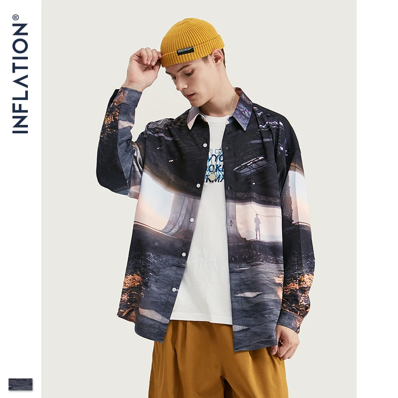 Инфляция цифровая печать мужская рубашка FW большой графический принт с длинным рукавом мужская рубашка уличная свободная облегающая Мужская рубашка 92157W