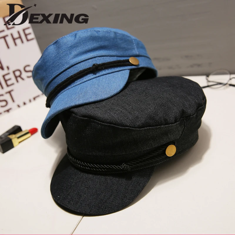 

2019 Autumn Cowboy Blue Military Hats for women men Fashion Outdoor Sailor Hat for Women Men Flat Top Berets Captain Cap