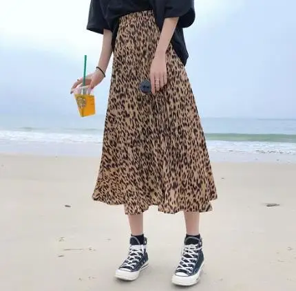 Summer Beach Leopard Printed Long Skirt Women High Waist Pleated Skirts Harajuku A-line Midi Skirts Jupe Femme Faldas LJ284