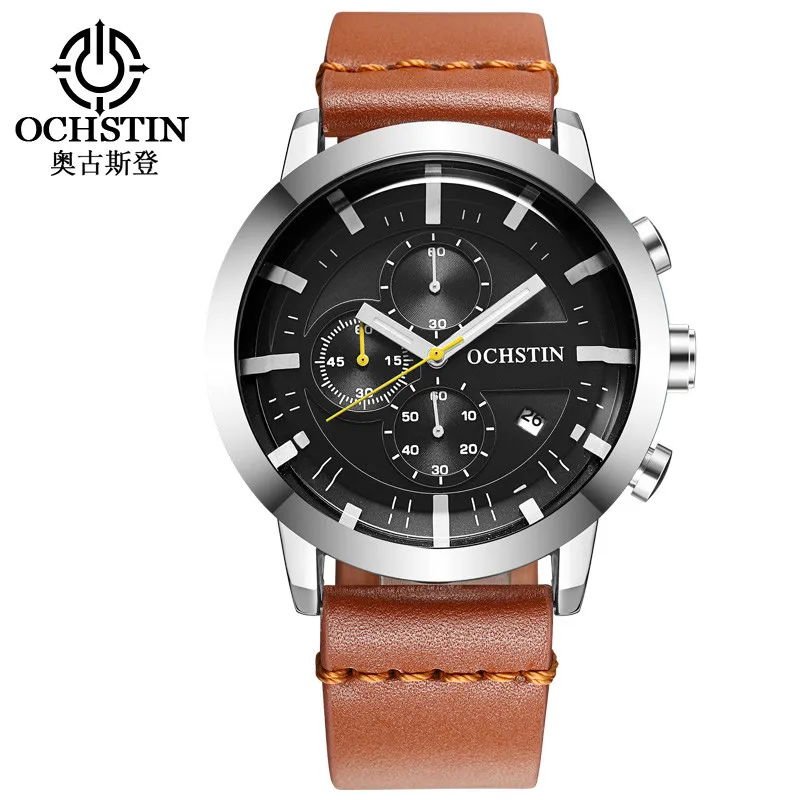 Reloj hombre OCHSTIN модные спортивные часы мужские роскошные многофункциональные хронограф повседневные кожаные наручные часы подарок relogio masculino - Цвет: Silver black