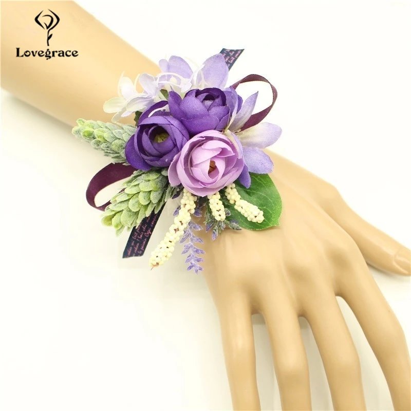 Lovegrace Wedding Elastic Wrist Corsages and Boutonniere Silk Rose Flower Lapel Homme Mariage Decoration Bouquet for Prom Props 56