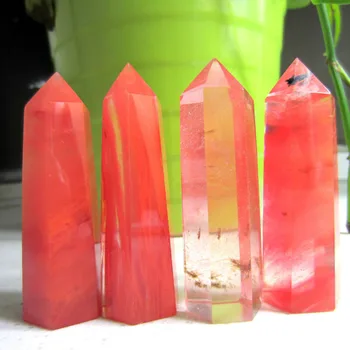 

00501 4pc RED SMELT QUARTZ CRYSTAL WAND POINT HEALING Bronze Statue