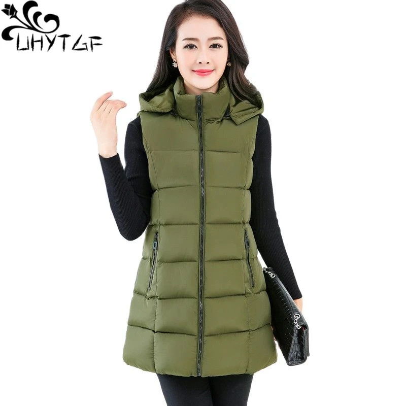 UHYTGF Down Cotton Women's Vest Mid-Length Hooded Casual Warm Autumn Winter Waistcoat Jacket Sleeveless 5XL Plus Size Coat 1808 long down puffer coat